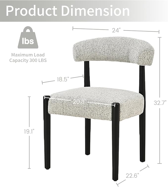 VKNOW Wooden Dining Chairs Set of 4 with Black Legs, Heathered Off-White | Soft Chenille Fabric, Curved Open Back, Thickened Cushion, For Adults and Family, Dining Room, Kitchen, No Wobble