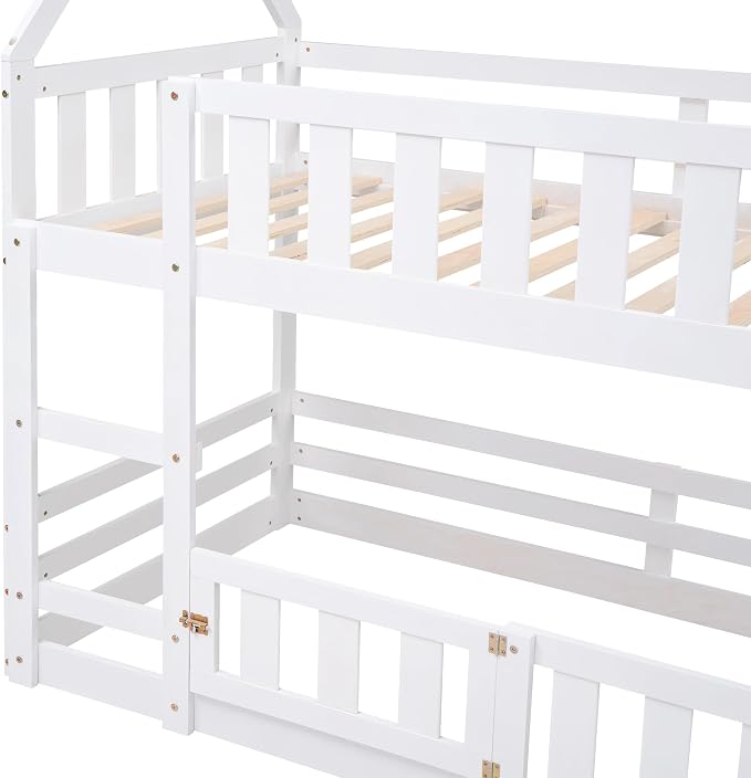 SOFTSEA Bunk Bed Twin Over Twin, Solid Wood House Bunk Bed Frame with Ladder, Door & Safety Guardrails, Floor Bunk Beds for Kids, Noise Free, Easy Assembly, White