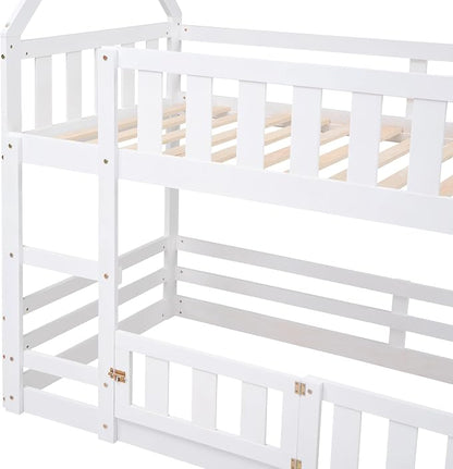 SOFTSEA Bunk Bed Twin Over Twin, Solid Wood House Bunk Bed Frame with Ladder, Door & Safety Guardrails, Floor Bunk Beds for Kids, Noise Free, Easy Assembly, White