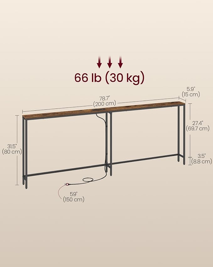 VASAGLE Narrow Console Table with Power Outlet, Behind Couch Sofa Tables, Easy Assembly, for Entryway, Living Room, 5.9 x 78.7 x 31.5 inches, Rustic Brown and Ink Black, Barnet Collection ULNT077K101