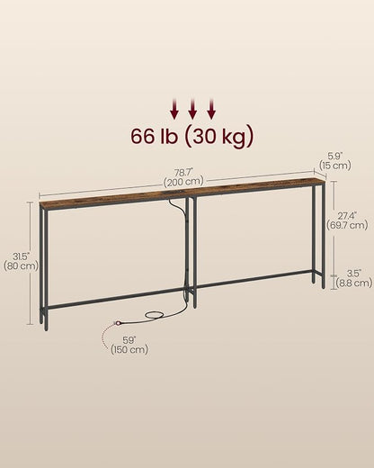 VASAGLE Narrow Console Table with Power Outlet, Behind Couch Sofa Tables, Easy Assembly, for Entryway, Living Room, 5.9 x 78.7 x 31.5 inches, Rustic Brown and Ink Black, Barnet Collection ULNT077K101