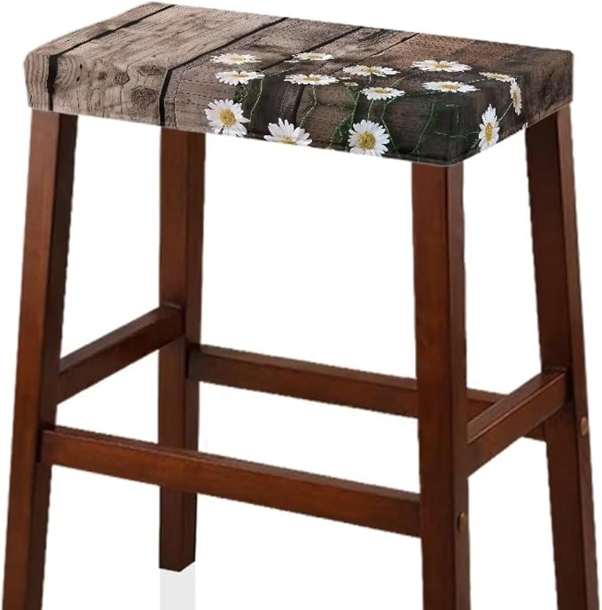 Bar Stools Covers Set of 2 Daisy Wood Print Vanity Chair Cover Stretch Bar Stool Chair Covers Stool Covers Rectangular 2 Pack Washable Saddle Bar Stool Slipcover Bench Seat Protector