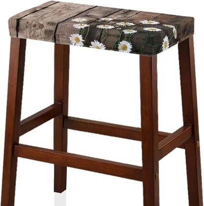 Bar Stools Covers Set of 2 Daisy Wood Print Vanity Chair Cover Stretch Bar Stool Chair Covers Stool Covers Rectangular 2 Pack Washable Saddle Bar Stool Slipcover Bench Seat Protector