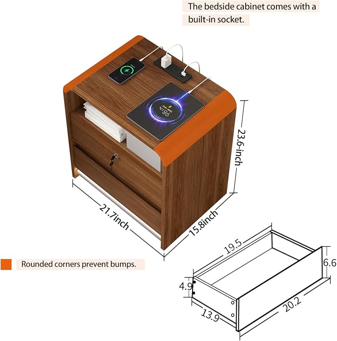 23.6" Walnut Nightstand Charging Station, Motion-Activated LED Light & Soft Close Lockable Drawer, Anti-Collision Mid Century Modern Bedside Table with 500 LB Capacity & Hidden Storage
