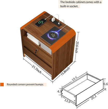 23.6" Walnut Nightstand Charging Station, Motion-Activated LED Light & Soft Close Lockable Drawer, Anti-Collision Mid Century Modern Bedside Table with 500 LB Capacity & Hidden Storage