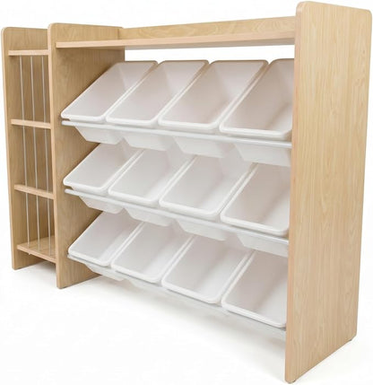 Humble Crew Toy Storage Organizer with Stuffed Animal Storage, 12 Removable Storage Bins for Kids Playroom, Toy Organization and Storage, Solid Wood, Natural/White