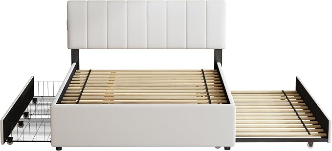 Queen Size Upholstered Platform Bed w/Trundle Bed & 2Storage Drawers | Twin Size Trundle,Two Drawers,LED Lighting Controlled by APP, USB+Type-C Charging Ports,Chenille Upholstered Bed Frame,Beige