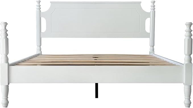 Solid Wood Queen Size Platform Frame, Headboard & Footboard, No Box Spring Needed, 12 Wooden Slats, Center Metal Legs, Slip-Free, Simple Assembly, Under Bed Storage, Pure White Finish, ROQ-39