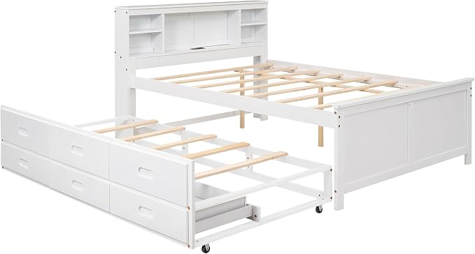 Merax Full Size Platform Bed with Storage Headboard, USB, Wood Bedframe with Twin Size Trundle and 3 Drawers, White