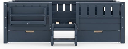 Bellemave Twin Floor Bed with Stairs, Rails and Slats, Twin Size Montessori Floor Bed with Bookshelf and 2 Storage Drawers, Easy Assemble Montessori Beds Frame for Girls, Boys, Blue