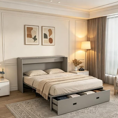 Bellemave Full Murphy Bed with Mattresses and Charging Stations and Storage Drawer, Farmhouse Murphy Cabinet Bed with Foldable Panel, Noisy Free, for Guest Bedroom, Living Room, Gray