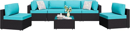 Shintenchi 7 Pieces Outdoor Patio Sectional Sofa Couch,PE Wicker Furniture Conversation Sets with Washable Cushions & Glass Coffee Table for Garden, Poolside, Backyard (Blue)