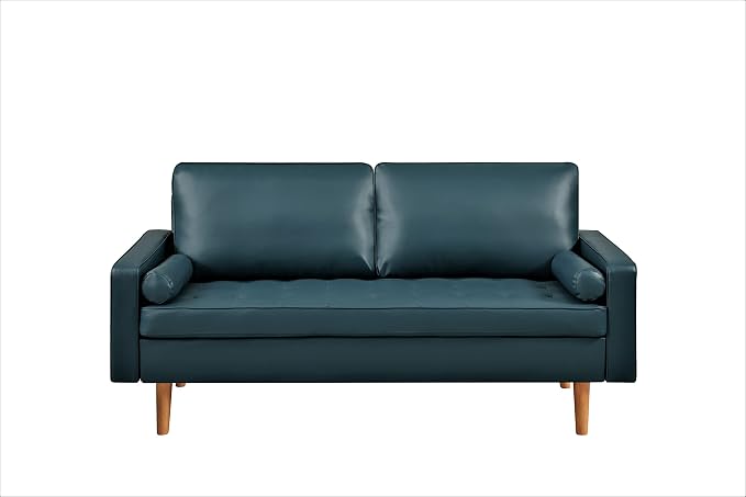 Container Furniture Faux Leather Sofa for the Modern Living Room with Removable Cushions and Solid Wood Legs, Luxury Style Button-Tufted Couch, 69.68" Wide, Dark Ocean Blue