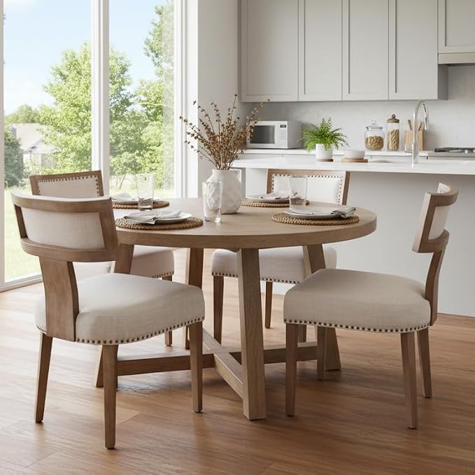 RIVOVA Mid Century Modern Dining Chairs Set of 4 Upholstered Linen Fabric Kitchen Dining Side Chairs with Nailhead Trim, Modern Kitchen Armless Solid Wood Dining Chairs, Beige
