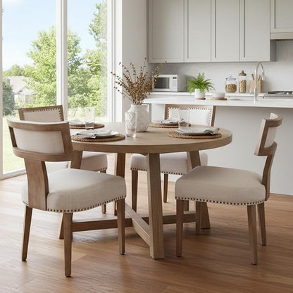 RIVOVA Mid Century Modern Dining Chairs Set of 4 Upholstered Linen Fabric Kitchen Dining Side Chairs with Nailhead Trim, Modern Kitchen Armless Solid Wood Dining Chairs, Beige