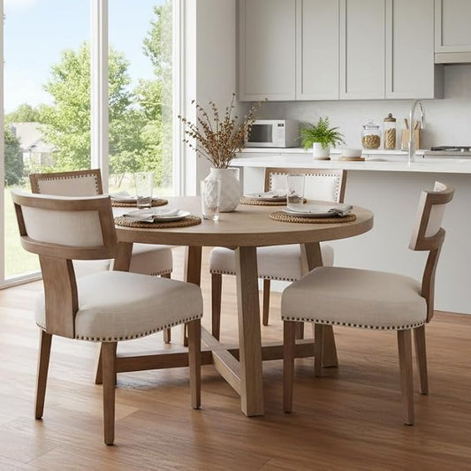 RIVOVA Mid Century Modern Dining Chairs Set of 4 Upholstered Linen Fabric Kitchen Dining Side Chairs with Nailhead Trim, Modern Kitchen Armless Solid Wood Dining Chairs, Beige