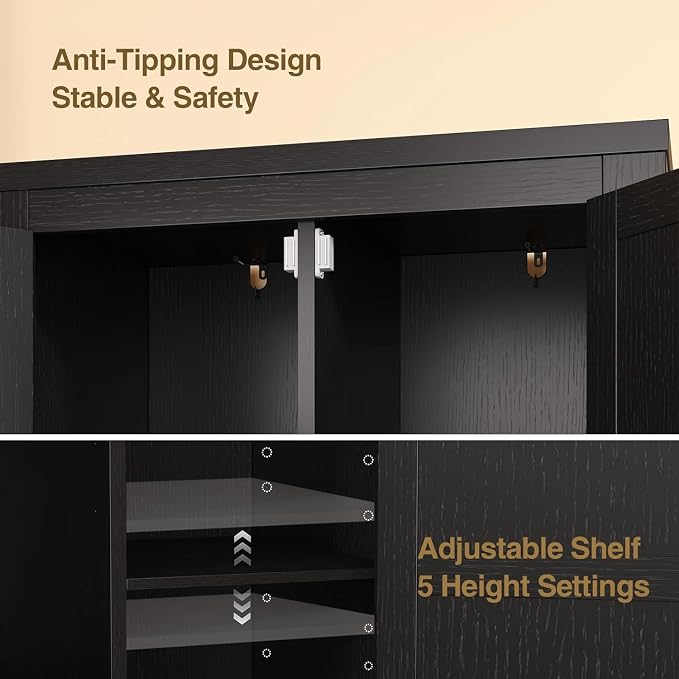 Befrases 47" Kitchen Pantry Cabinet, Farmhouse Kitchen Pantry Storage Cabinets with 2 Door and 2 Adjustable Shelves, Freestanding Cupboard for Dining Room, Living Room, Bathroom (Black)