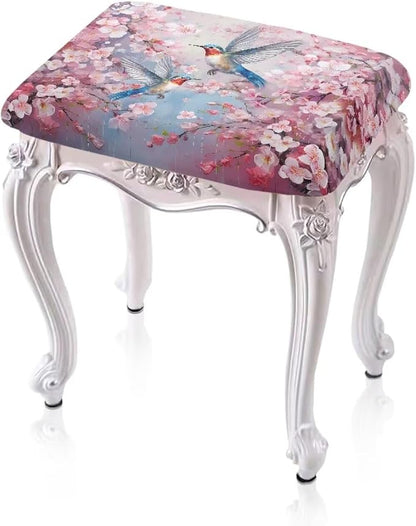 Vanity Stool Covers Bar Stool Covers Set of 2 Cherry Blossom Hummingbird Bar Stool Saddle Seat Covers Rectangle Bench Seat Protector Barstool Covers with Elastic Bands for 14-20 inch Stool