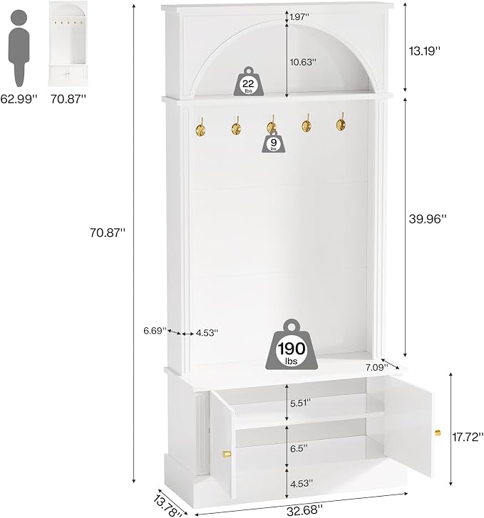 Tribesigns Hall Tree with Bench and Shoe Storage, 4-in-1 Design Entryway Bench with Coat Rack, 70.86" Tall Mudroom Rack with 5 Double Hooks and Adjustable Shelf for Hallway (White)