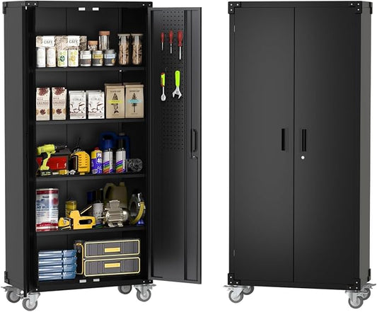 Garvee 72 in Tall Garage Storage Cabinet – 600 LB Capacity Metal Tool Cabinet with Magnetic Lock, 4 Adjustable Shelves & Wheels, Heavy-Duty Steel Storage for Workshop, Home & Office