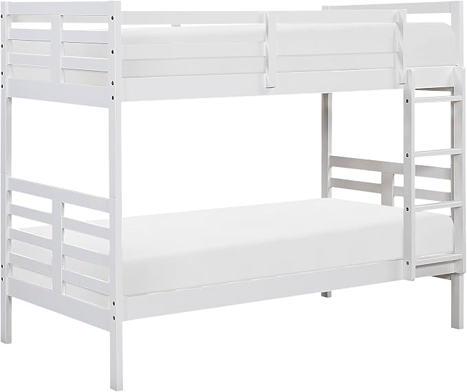 Lexicon Bunk Bed Twin Over Twin, Wooden Bed Frame with Sturdy Ladder and Safety Guard Rails, Modern Space-Saving Design, for Bedroom/Guest Room, No Box Spring Needed, White