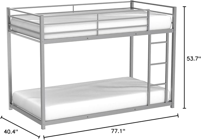 Low Metal Bunk Bed Frame for Kids, with Built-in Ladder, High Guardrail and Metal Slats, Floor Bed Bottom Bunk, No Boxspring Required, for Small Spaces, Twin-Over-Twin (Silver)