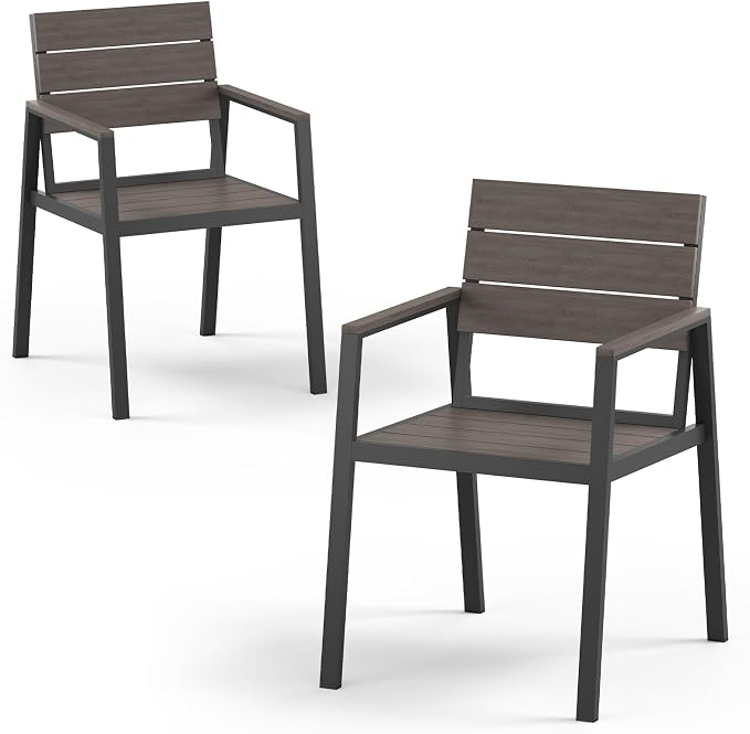 Outdoor Patio Dining Chairs Set of 2, 350LBS Capacity Aluminum Patio Dining Chairs with Armrests, Weather-Resistant for Lawn, Garden, Yard, Poolside and Indoor Use (Gray & Teak)