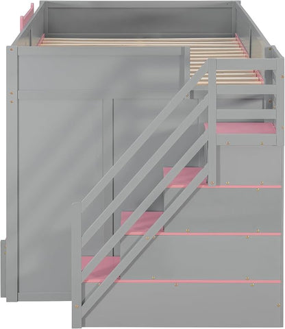 Wood Bunk Bed Full Over Full Size with Storage Staircase and Shelves, Bunk Beds Frame with Trundle and LED for Kids Teens, Space-Saving (Gray-12.15)