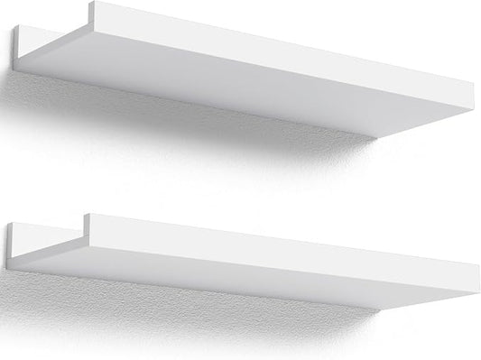 Boswillon Floating Shelves Wall Mounted Set of 2, Modern White Shelves for Bedroom, Nursery Shelves with Lip, Display Picture Ledge Shelf for Wall Decor Living Room Bathroom Kitchen - White