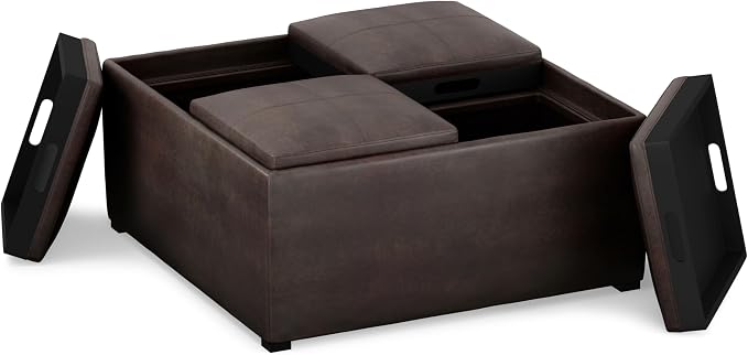SIMPLIHOME Avalon Wide Contemporary Square Coffee Table Storage Ottoman, Distressed Brown, Table Ottoman