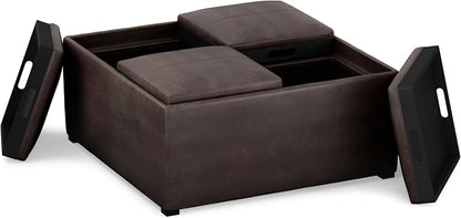 SIMPLIHOME Avalon Wide Contemporary Square Coffee Table Storage Ottoman, Distressed Brown, Table Ottoman