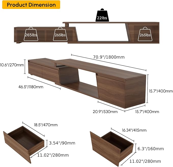 homary Media Console Walnut, Extendable TV Stands for Living Room, Minimalist Entertainment Center with 3 Drawers, Adjustable TV Stand for Up to 110 Inch TVs