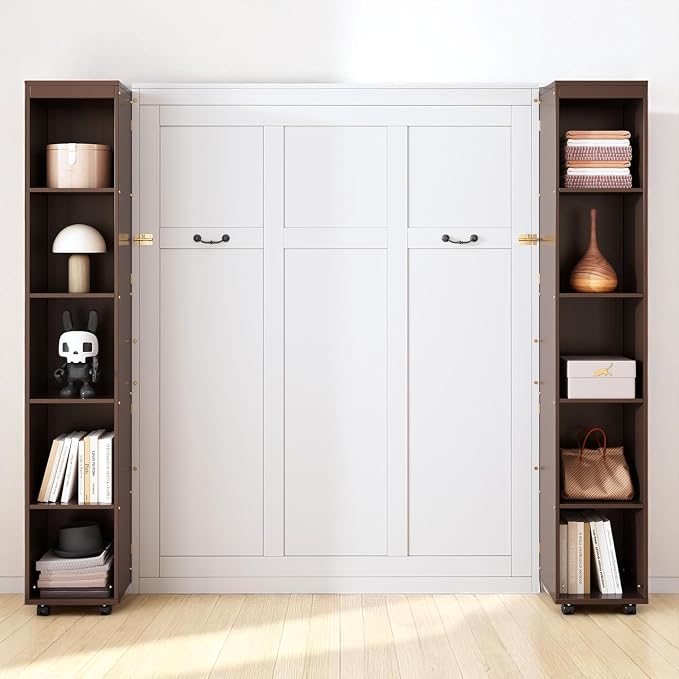 MERITLINE Folding Hidden Queen Murphy Bed Cabinet with Storage Bookcase Bookshelf, Wood Murphy Wall Bed with Storage Shelves Cabinet for Adults (Espresso)