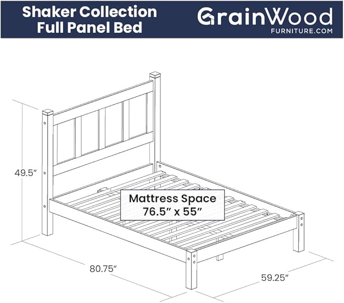 Grain Wood Furniture Shaker Solid Wood Panel Platform Bed, Full Size, Walnut