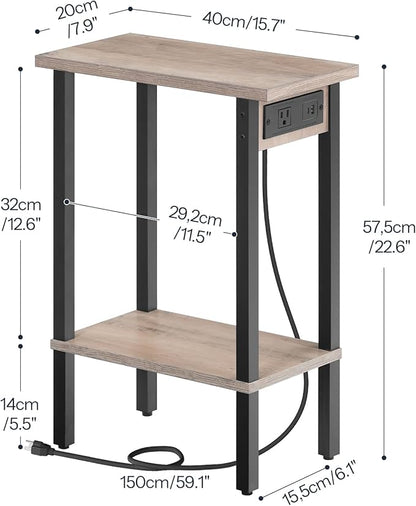 HOOBRO Narrow Side Table, 2-Tier Slim End Table with Charging Station, Skinny Nightstand with Open Storage, for Small Spaces, Living Room, Bedroom, Study, Greige and Black BG240UBZ01