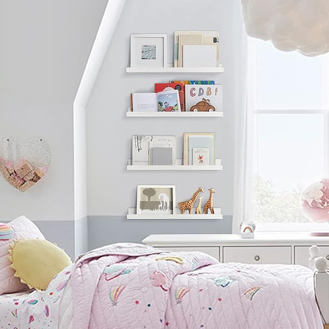 Forbena Floating Nursery Book Shelves for Wall, 24 Inches Long Wall Bookshelf for Kids Room, White Picture Ledge Shelf with Lip for Kid Toddler Child Childrens Bedroom Books (Solid Wood, Set of 4)