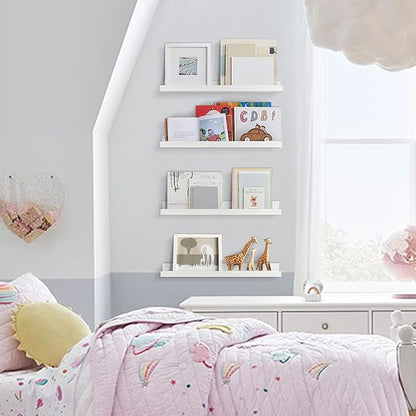 Forbena Floating Nursery Book Shelves for Wall, 24 Inches Long Wall Bookshelf for Kids Room, White Picture Ledge Shelf with Lip for Kid Toddler Child Childrens Bedroom Books (Solid Wood, Set of 4)