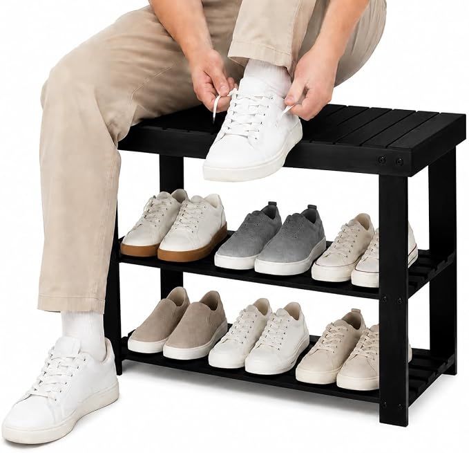Shoe Rack Bench, 3-Tier Shoe Storage Organizer for Entryway , Shoe Shelf for Small Spaces, Multi-Functional Side Table Plant Stand, Shoe Stand for Bedroom, Living Room, Closet, Front Door, Black