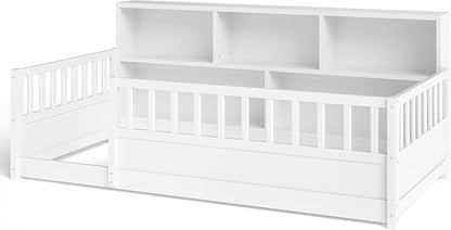 Bellemave Kids Montessori Floor Bed Twin Size,Floor Bed Frame with Bookcase and Fence for Kids Boys Girls,White