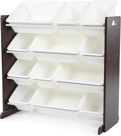 Humble Crew Toy Storage Organizer with 12 Removable Storage Bins for Kids Playroom, 4-Tier Toddler Toy Organization, Espresso/White