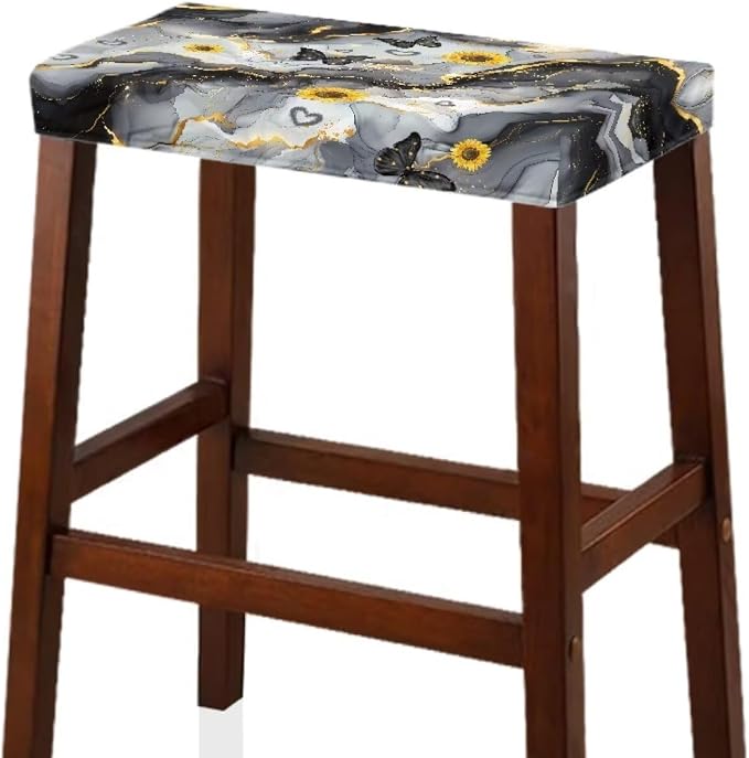 Marble Print Bar Stool Covers Rectangle 2 Pack Stool Covers Rectangular Butterfly Sunflower Stretch Vanity Chair Cover Washable Soft Barstool Covers Slipcovers Saddle Bar Stool Cover
