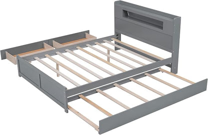 GDFStudio Queen Size Storage Bed with LED Headboard, 2 Drawers and Twin Trundle, Modern Wooden Platform Bed Frame for Bedroom Organization, No Box Spring Needed, Easy Assembly, Gray