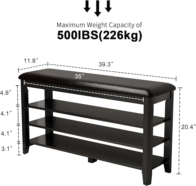 AQIMUELE Shoe Bench with Leather Cushion, 3 Tiers Shoe Storage Bench Height Adjustable, Walnut Wood Entryway Bench for Hallway, Mudroom