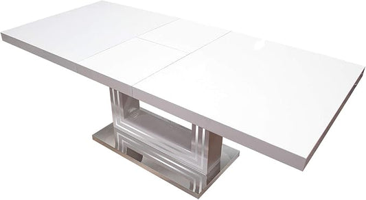 Bailey Extendable 63"- 79" Rectangle Dining Table, High-Gloss Lacquered Top, Expands for Extra Seating, Mirrored Trim Support Pillar, Stainless Steel Bottom Base, Modern Contemporary Design (White)