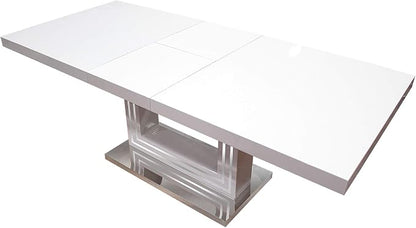 Bailey Extendable 63"- 79" Rectangle Dining Table, High-Gloss Lacquered Top, Expands for Extra Seating, Mirrored Trim Support Pillar, Stainless Steel Bottom Base, Modern Contemporary Design (White)