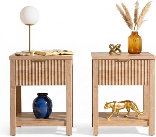 Fluted Night Stand with Golden Handle,Set of 2 Mid-Century Nightstands with Drawer, Bedside Table with Storage Shelf,Large Wood End Tables for Livingroom,Bed Side Tables for Bedroom, Natural Oak
