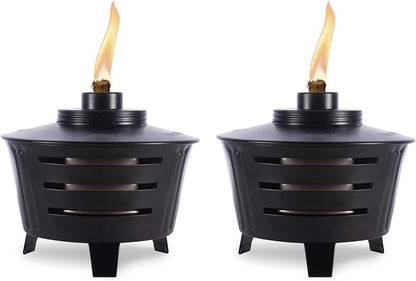 TIKI Mini Fire Pit Tabletop Torch 2-Pack, Outdoor Decorative TIKI Torch for Patio, Backyard, and Garden, Black Metal Tabletop Flame Torch, Includes Long Lasting Wick and Snuffer