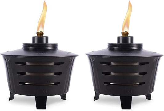 TIKI Mini Fire Pit Tabletop Torch 2-Pack, Outdoor Decorative TIKI Torch for Patio, Backyard, and Garden, Black Metal Tabletop Flame Torch, Includes Long Lasting Wick and Snuffer