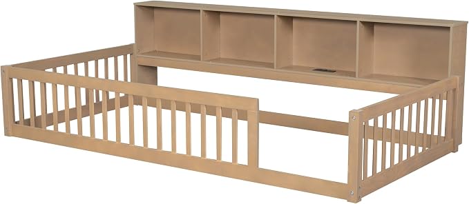 Bellemave Kids Montessori Floor Bed Twin XL Size,Floor Bed Frame with Bookcase and Charging Station for Kids Boys Girls
