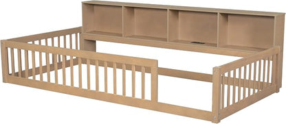 Bellemave Kids Montessori Floor Bed Twin XL Size,Floor Bed Frame with Bookcase and Charging Station for Kids Boys Girls